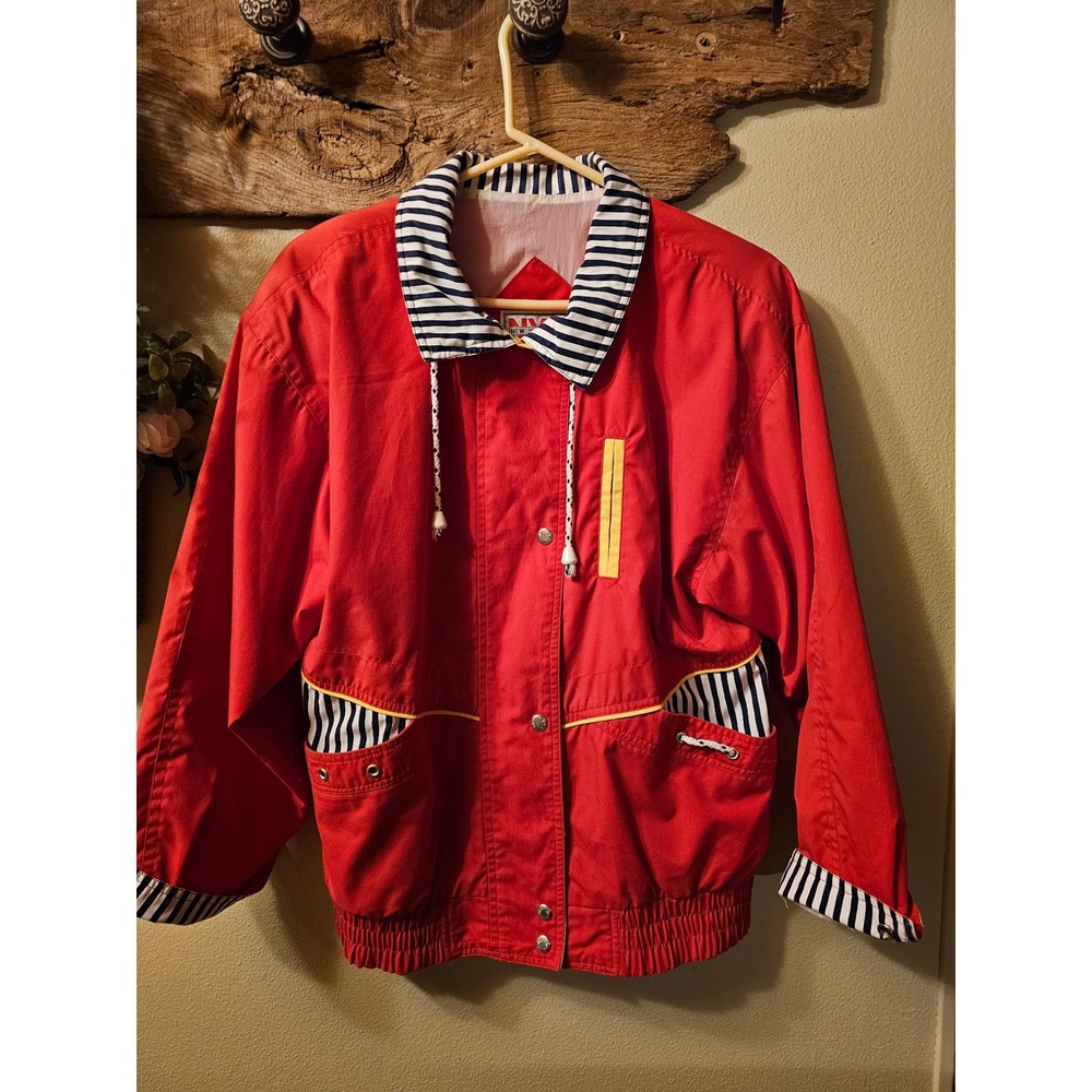 Vintage New York Girl Red Nautical Striped Windbreaker Jacket Medium Retro 90s